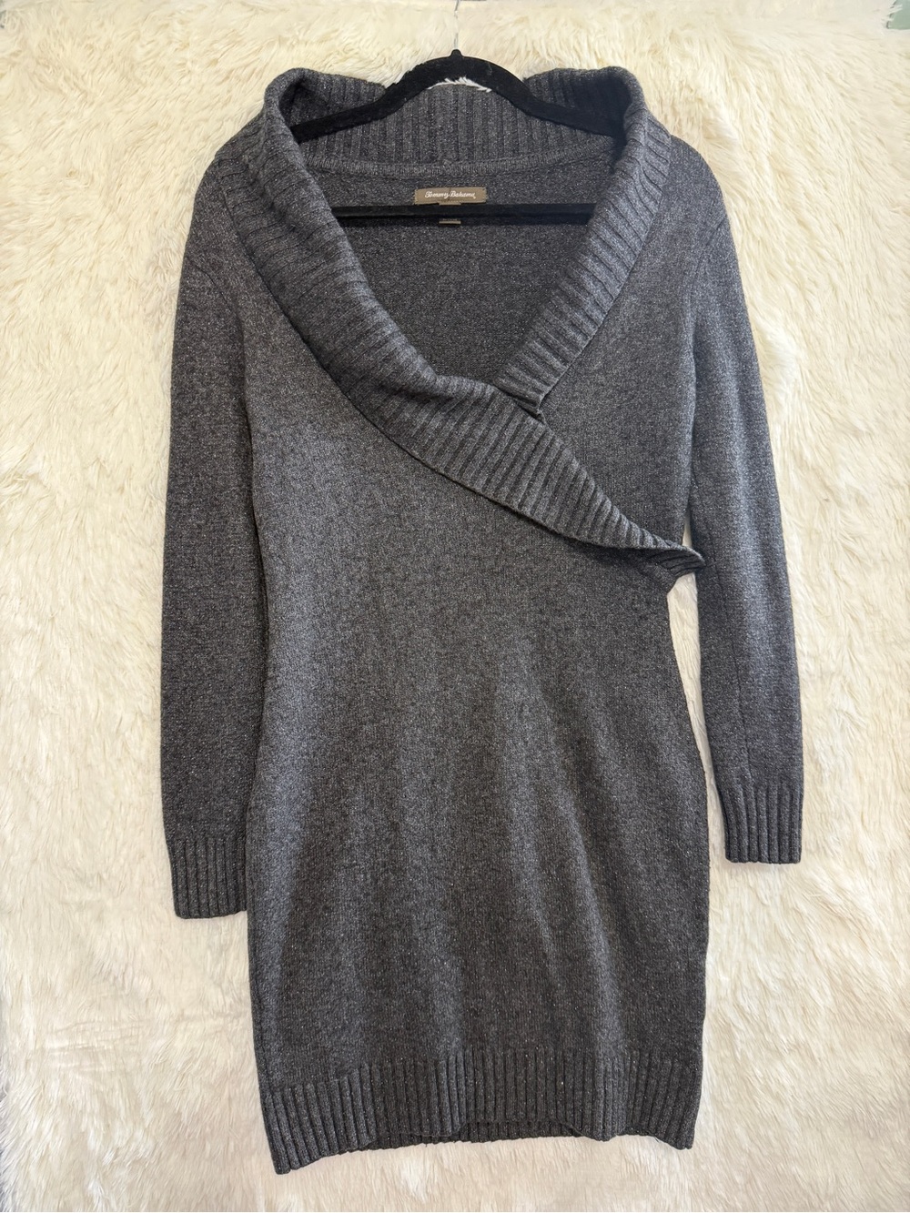 Tommy Bahama Womens Shawl Collar Knit Sweater Dress Size M Grey Quiet Luxury